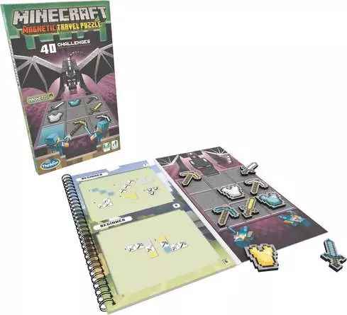 Minecraft puzzle box, spiral book, and magnetic grid board with pixelated sword, pickaxe, and chestplate pieces.