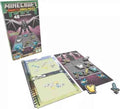 Minecraft puzzle box, spiral book, and magnetic grid board with pixelated sword, pickaxe, and chestplate pieces.