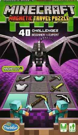 Minecraft puzzle box art with Ender Dragon, grid of pixelated items, and 40 challenges in green and purple.