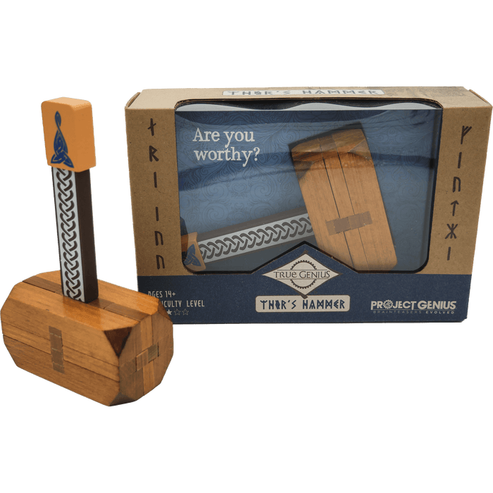 Wooden block hammer puzzle with a Celtic knot handle next to its brown and blue display box featuring Viking runes.
