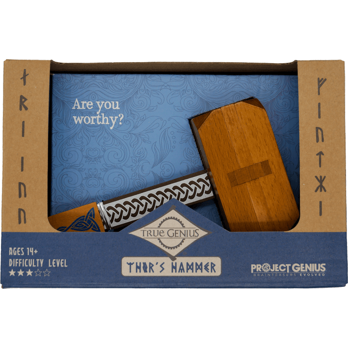 Wooden hammer puzzle in a blue display box with Norse-inspired runes and text reading Are you worthy?
