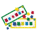 Colorful bear figurines in two sizes on educational cards with red, blue, yellow, and green bear patterns.