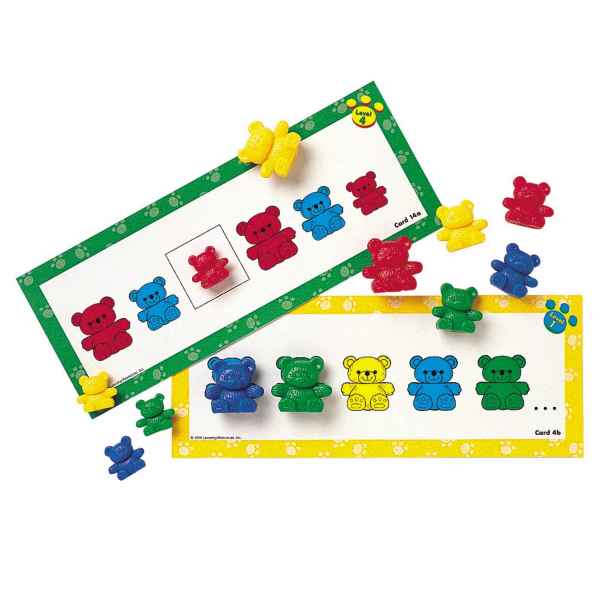 Colorful bear figurines in two sizes on educational cards with red, blue, yellow, and green bear patterns.
