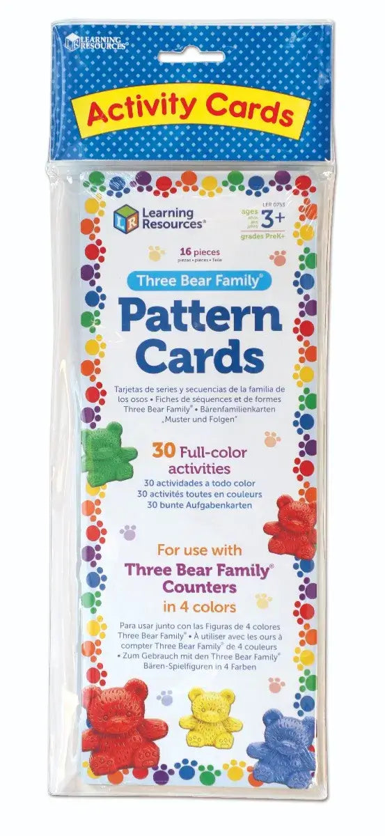 Pack of 16 activity cards featuring colorful toy bear figures and polka-dot borders in clear plastic packaging.