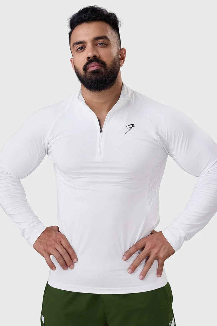 White Fuaark Nz Thrive pullovers T-shirt displayed on a hanger, showcasing the casual, comfortable design.