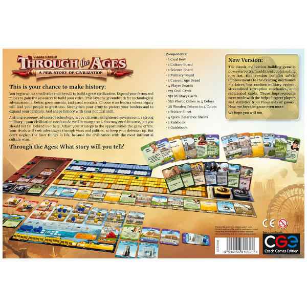 Back of the board game box showing a list of components and a colorful display of cards, game boards, and wooden tokens.