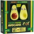 Green box for Throw Throw Avocado showing two foam avocados with big eyes through a window. Includes yellow stripes.