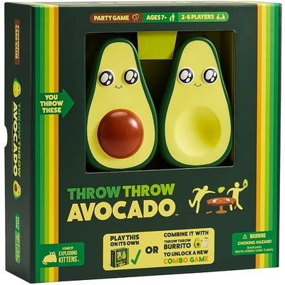 Green box for Throw Throw Avocado showing two foam avocados with big eyes through a window. Includes yellow stripes.