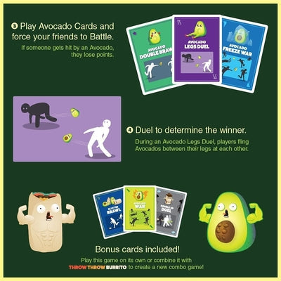 Game instructions showing battle cards, a legs duel illustration, and muscular avocado and burrito characters.