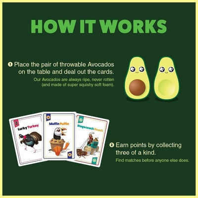 How It Works graphic showing two squishy foam avocados and illustrated cards on a dark green background.