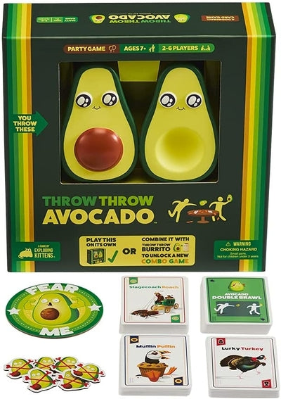 Green box with two squishy avocado toys, game cards, and a circular Fear Me avocado token.