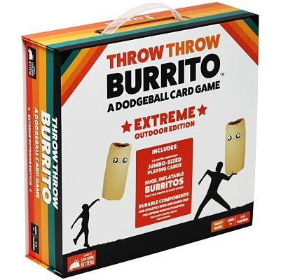 White game box with rainbow-striped edges, jumbo burrito illustrations, and black silhouettes of people playing.