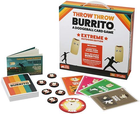 White game box with retro rainbow stripes and burrito art, shown with jumbo cards, circular tokens, and a rulebook.