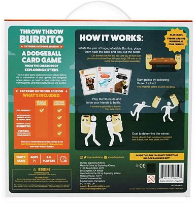 Back of green game box showing instructions, contents table, and stick figure illustrations throwing giant burritos.