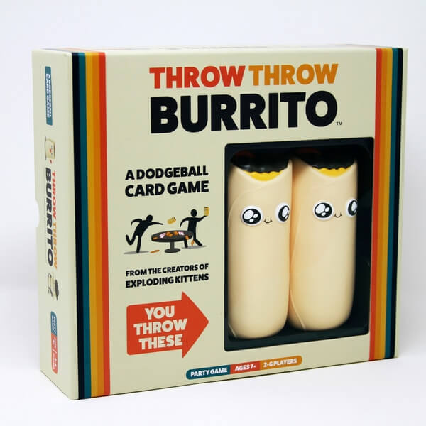 Cream game box with retro stripes and a window showing two squishy foam burritos with cute cartoon eyes.