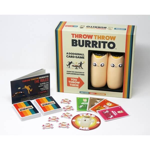 Cream game box with colorful stripes, two foam burritos with cute faces, card decks, and tokens on a white background.