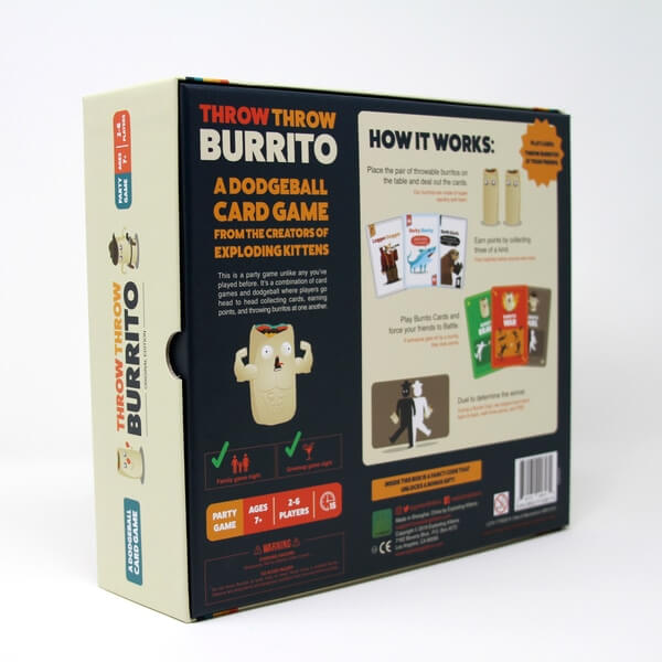 Back of a navy board game box featuring illustrated instructions, card examples, and a cartoon burrito with muscles.