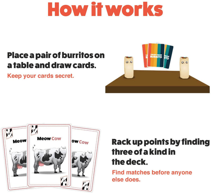Instructional graphic with two tan foam burritos and three matching Meow Cow playing cards.