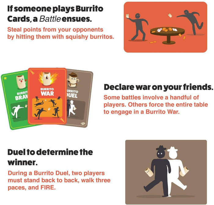 Graphic showing green, red, and brown battle cards alongside cartoon stick figures throwing squishy burritos.