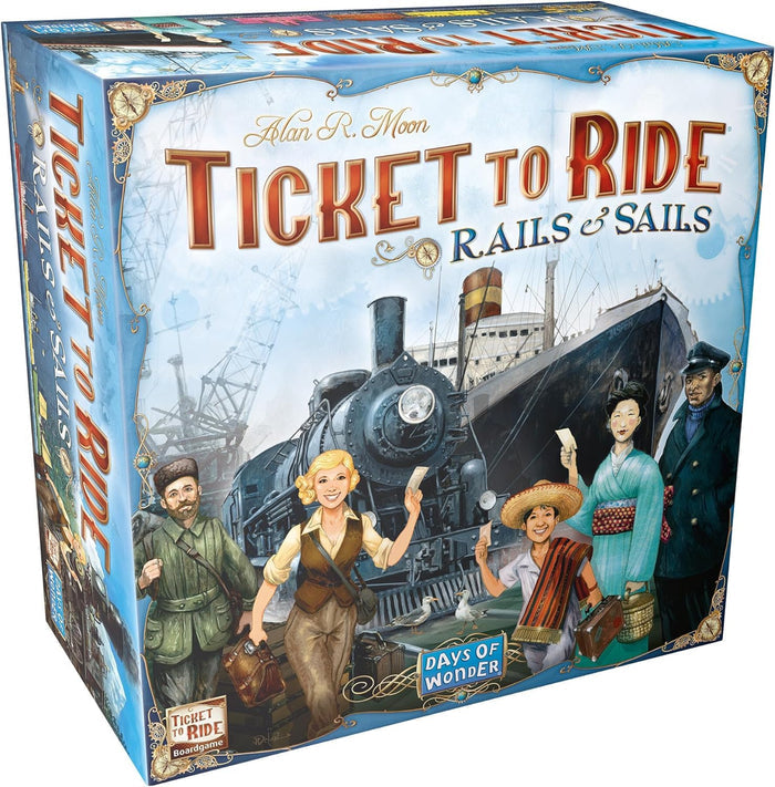 Square blue game box depicting a vintage steam engine, a massive ship, and five world travelers holding tickets.