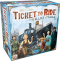 Square blue game box depicting a vintage steam engine, a massive ship, and five world travelers holding tickets.