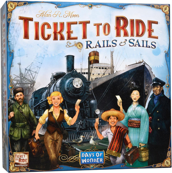 Board game box featuring a steam locomotive and large ship behind five diverse travelers holding tickets in a harbor.
