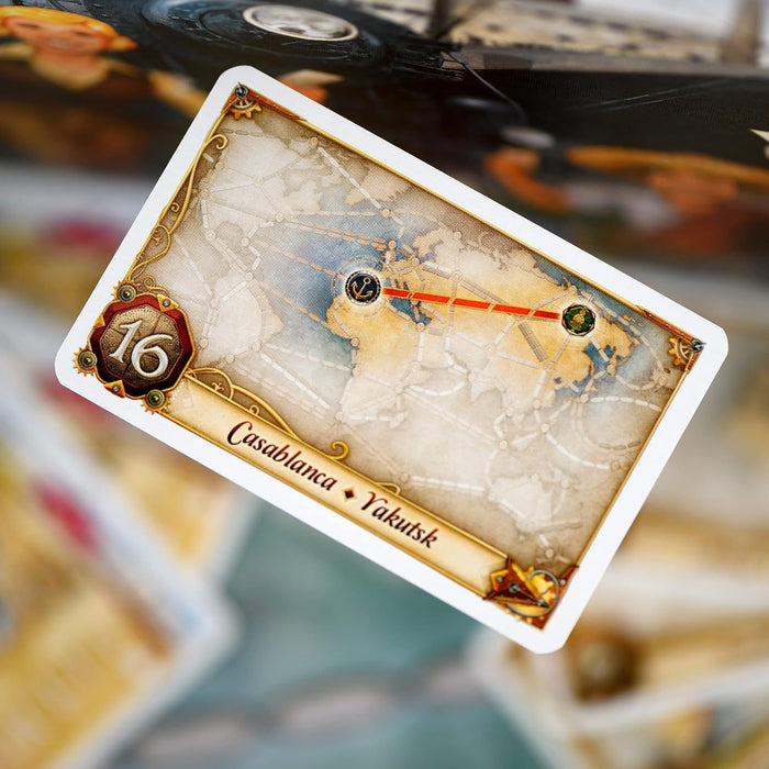 Vintage game card with an ornate border showing a red route on a map between Casablanca and Yakutsk, worth 16 points.