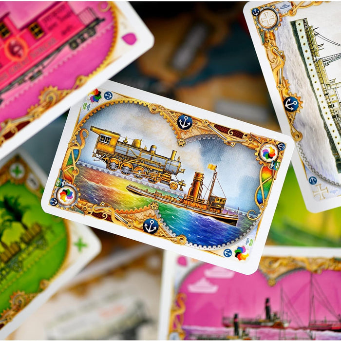Illustrated game cards featuring steam trains and ships with ornate gold gear borders and anchor icons.