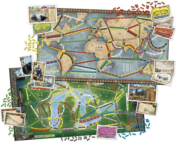 Tabletop game featuring world and regional maps, colorful miniature ship and train pieces, and illustrated cards.