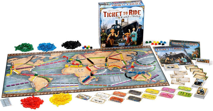 World map board game with colorful plastic ships, trains, and cards displayed around a box with vintage travel artwork.