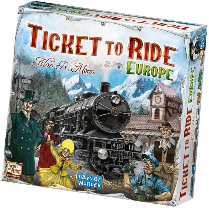 Square board game box featuring a black steam locomotive and vintage travelers at a station against a snowy mountain backd...