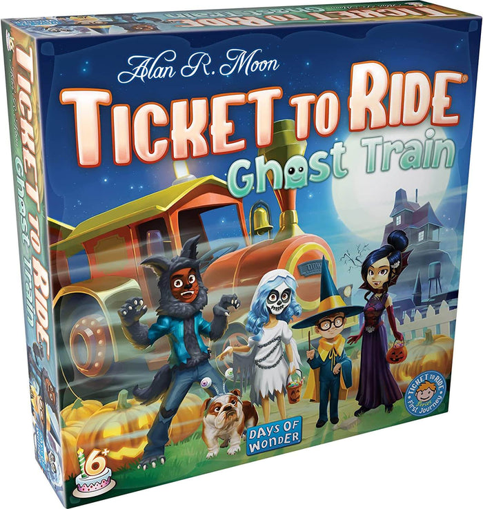 Square game box featuring costumed characters by a glowing orange train under a full moon in a spooky night scene.