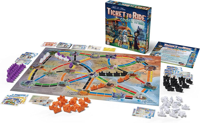 Ticket to Ride Ghost Train set with colorful map, cards, and purple, orange, black, and white train pieces.