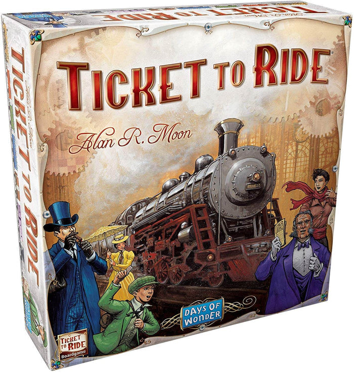 Square game box featuring a large steam locomotive and illustrated characters in vintage attire.