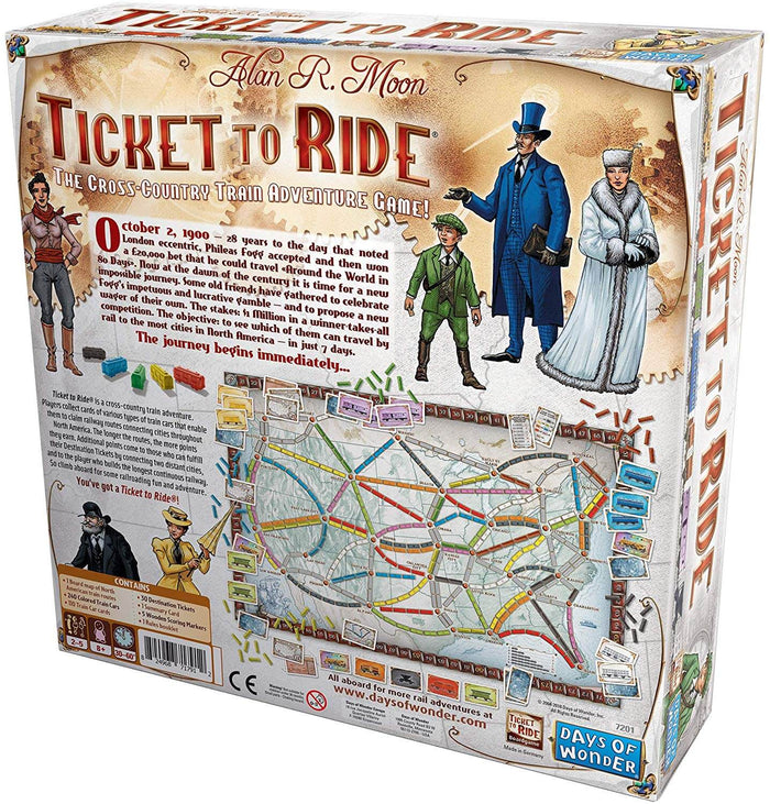 Back of a board game box featuring a colorful North American train route map, Victorian characters, and game components.