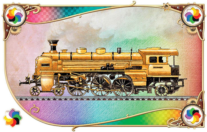 Illustration of a golden steam locomotive on a decorative card with a colorful background and gold borders.
