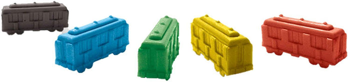 Five plastic train car game pieces in black, blue, green, yellow, and red with molded windows and wheels.