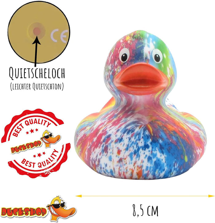 Rainbow splash patterned rubber duck with orange beak, 8.5 cm size measurement, and squeak hole detail.