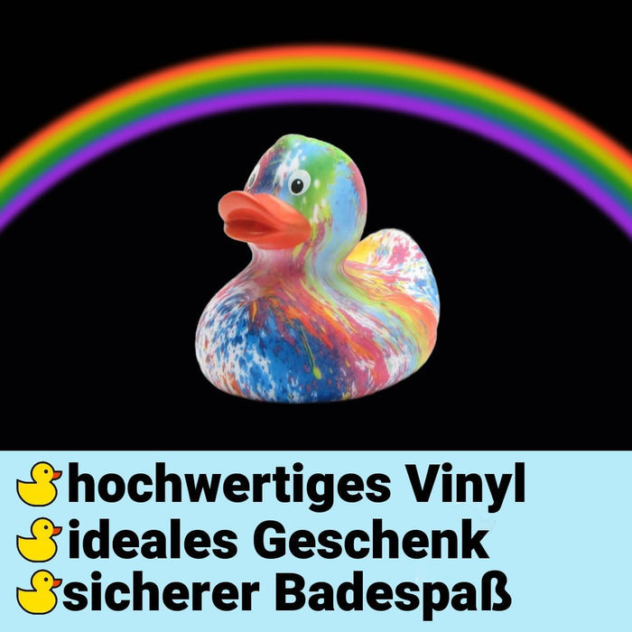 Rubber duck with multi-color paint swirls under a rainbow. German text below describes its quality and bath safety.