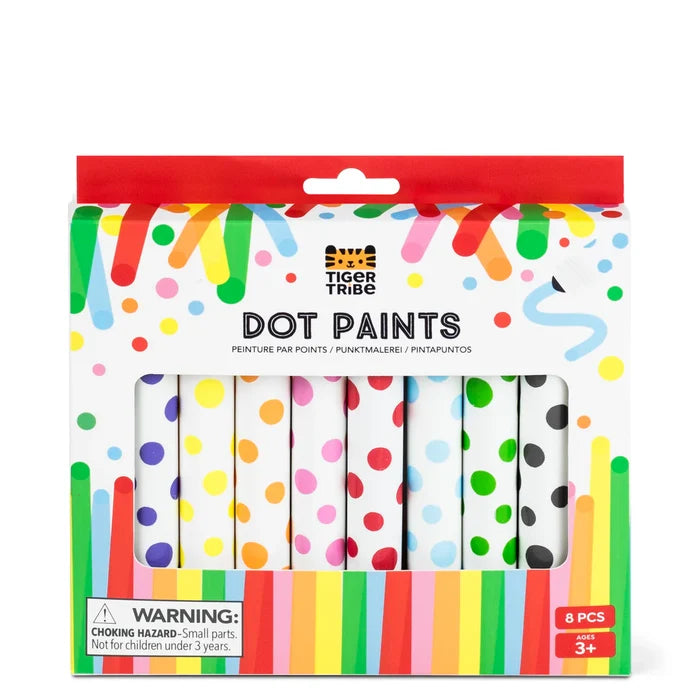 Box of 8 colorful dot paint markers in a windowed display with bright paint drips, polka dots, and stripes.