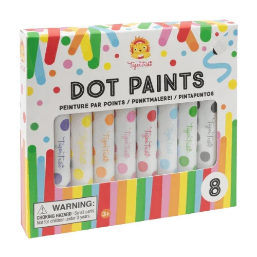 Tiger Tribe Dot Paints in a colorful striped box with a window showing 8 white markers with different colored dots.