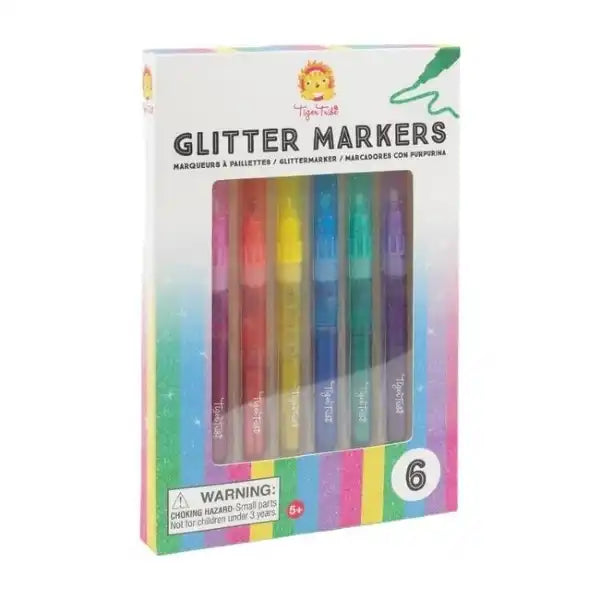 Six markers in pink, red, yellow, blue, green, and purple, displayed in a rainbow-striped box with a clear window.