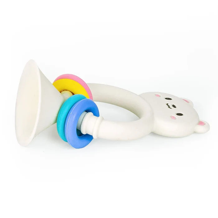 White silicone bear toy with a suction cup base and four colorful rings in blue, teal, yellow, and pink.