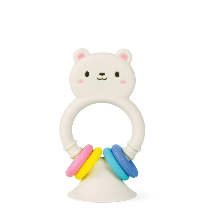 White bear-shaped silicone toy with a suction cup base and four colorful rings in pink, yellow, and blue.