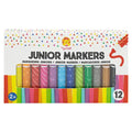 12 colorful patterned markers in a white windowed box with confetti and a rainbow stripe bottom border.