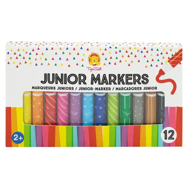 12 colorful patterned markers in a white windowed box with confetti and a rainbow stripe bottom border.