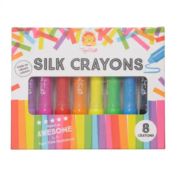 Box of 8 Tiger Tribe Silk Crayons in vibrant rainbow colors visible through a clear display window.
