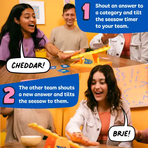 Two teams shout answers while tilting a yellow plastic seesaw game piece with a ball-track timer back and forth.