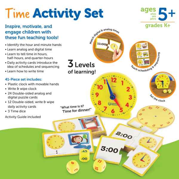 Large yellow clock with movable hands, digital-analog matching puzzles, activity cards, and three yellow time dice.