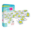 Blue tin box next to white domino tiles featuring colorful analog clock faces and matching digital times.